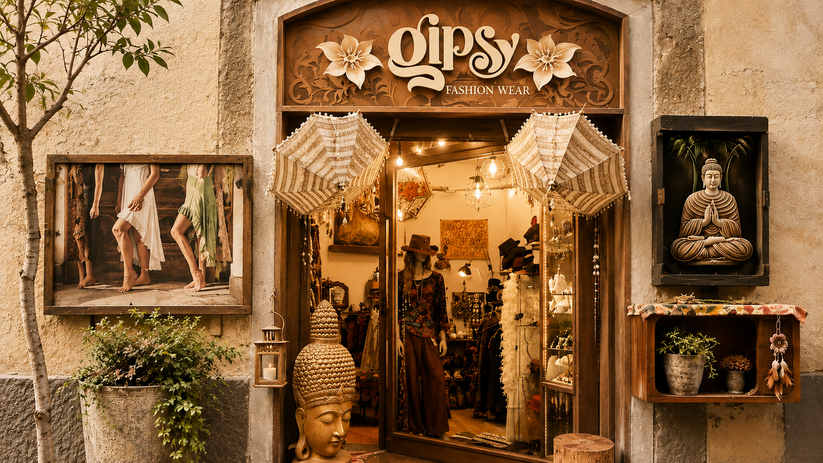 Facciata della boutique Gipsy Fashion Wear a Napoli con abiti boho, ombrelli decorativi e statue del Buddha