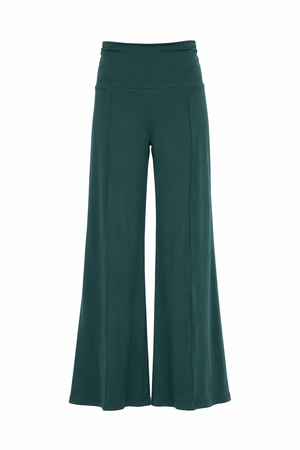 Pantalone palazzo verde petrolio a vita alta, con fascia morbida e gamba ampia