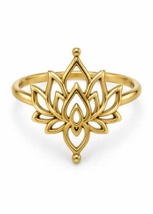 Anello Fiore di Loto in ottone su fondo bianco, petali traforati e fascia