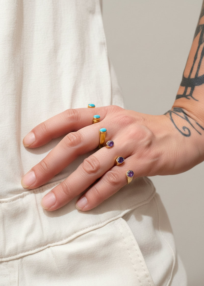 Anello Due Dita Ottone Boho – Con Ametista o Senza Pietra | Artigianale India