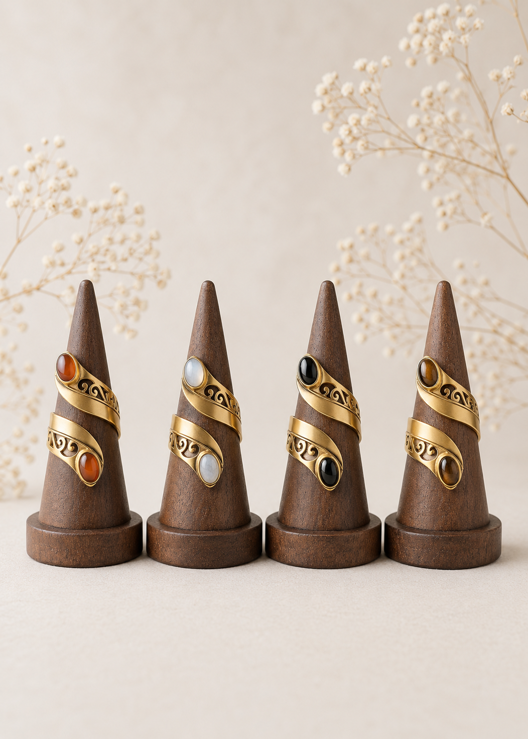Long Boho - Anello Ottone Regolabile con Pietre Naturali Ovali