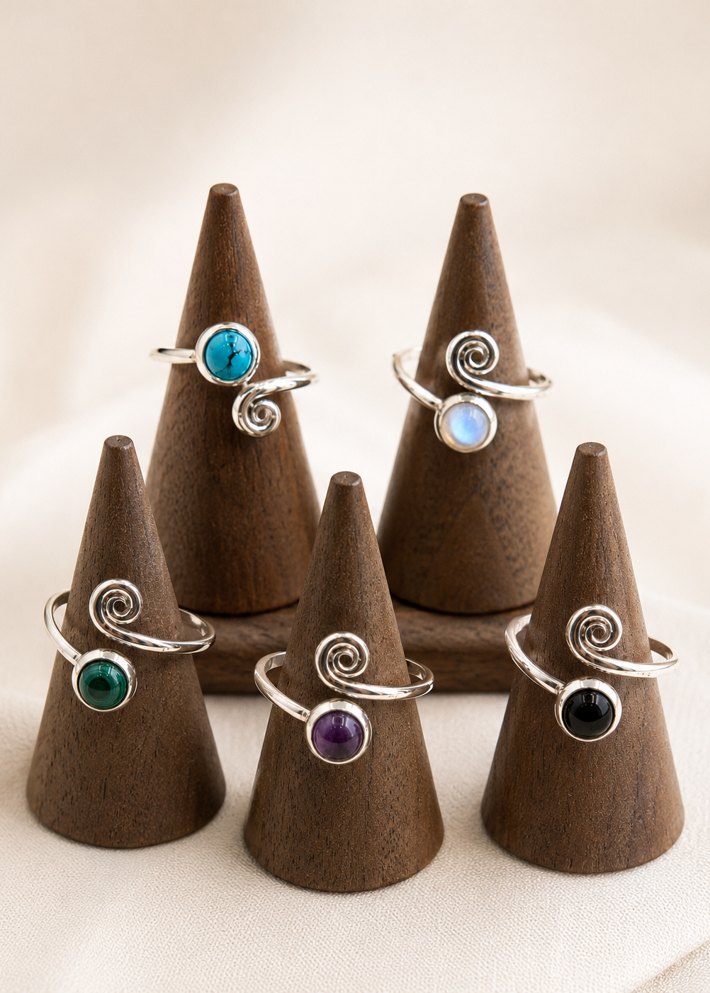 Spiral Soul - Anello Argento 925 con Pietra Naturale e Spirale Regolabile
