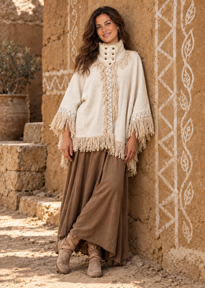 Fringe Poncho bianco in 100% cotone indossato con abito color terra, in un cortile boho con parete in argilla.