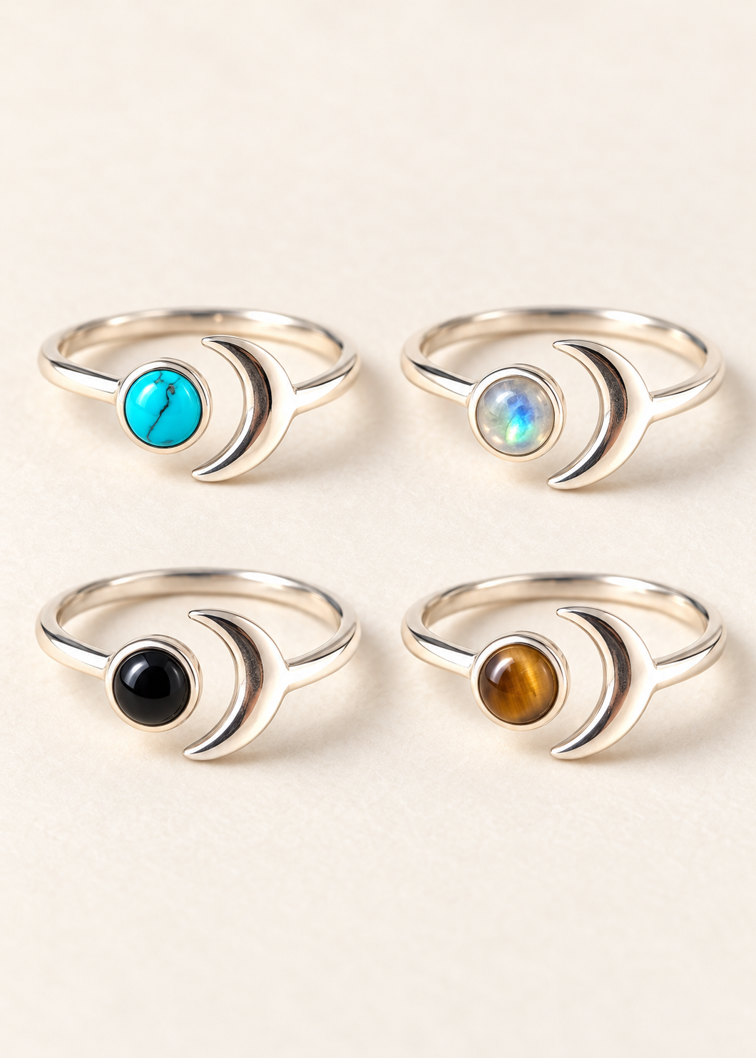 Anello Spicchio di Luna in argento nelle varianti turchese, pietra di luna, onice nera e occhio di tigre
