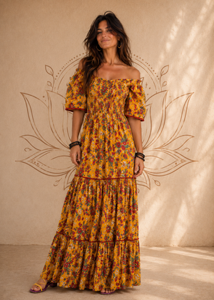 Vestito lungo Spring Flowers Baba Design – pattern floreale giallo, cotone rayon, taglia S/M