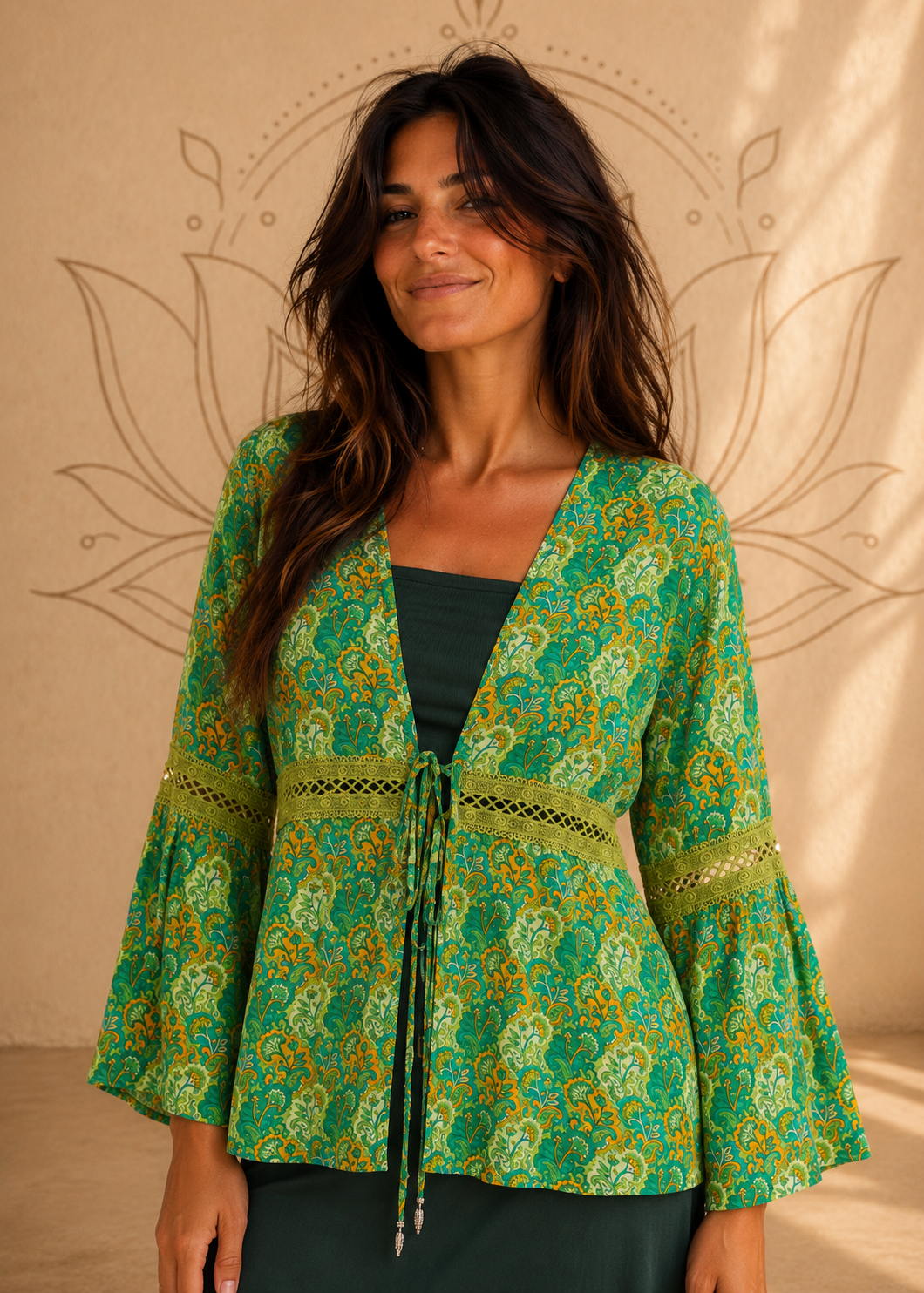 Coprispalle Energy Vibes Baba Design – cotone rayon, pattern damasco, colore verde, immagine di copertina