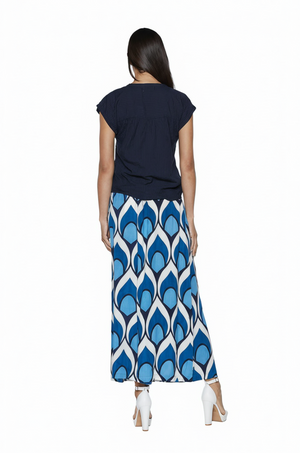 Navy top and peacock skirt back