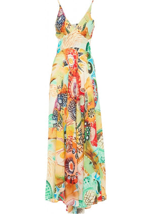 Vestito lungo Marigold Mood Baba Design – stampa etnica giallo-arancio in viscosa fluida, modello indossato al tramonto sul lungomare – Gipsy Fashion Wear