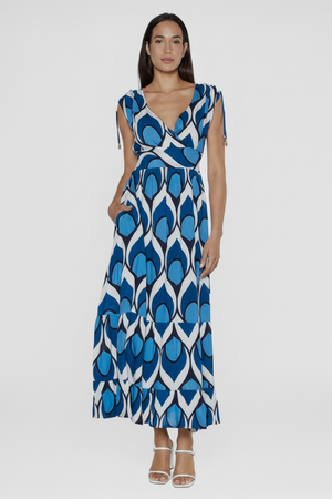 Blue peacock wrap dress front