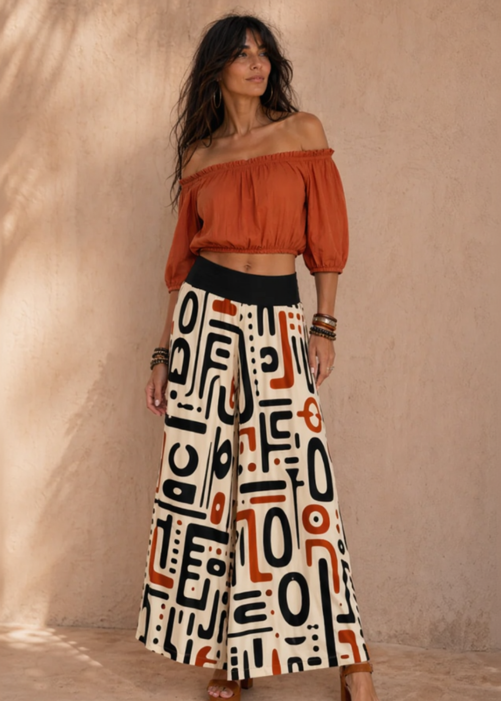 Afro Sand Palazzo Trousers with Geometric Print - Baba Design