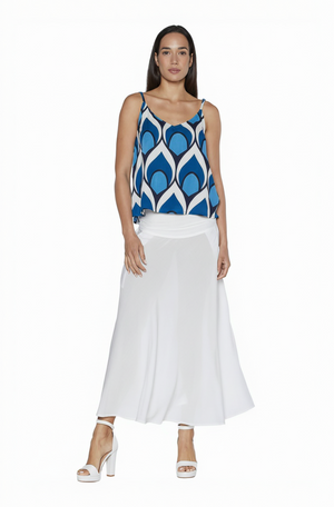 Blue peacock top and white skirt front