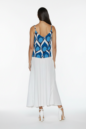 Blue peacock top and white skirt back