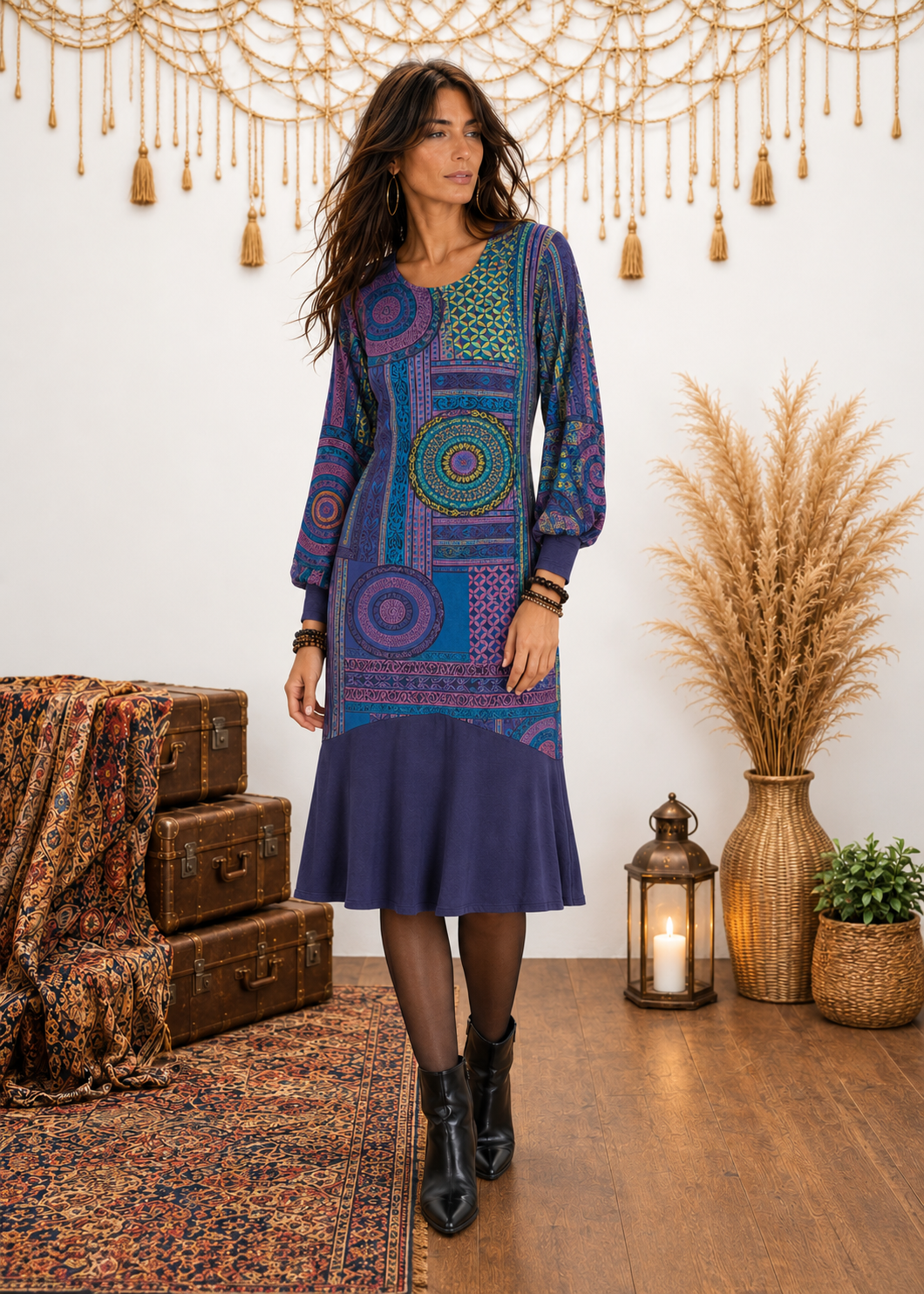 Bohemian Trip Baba Design Mermaid Dress - Psychedelic Pattern Puff Sleeve