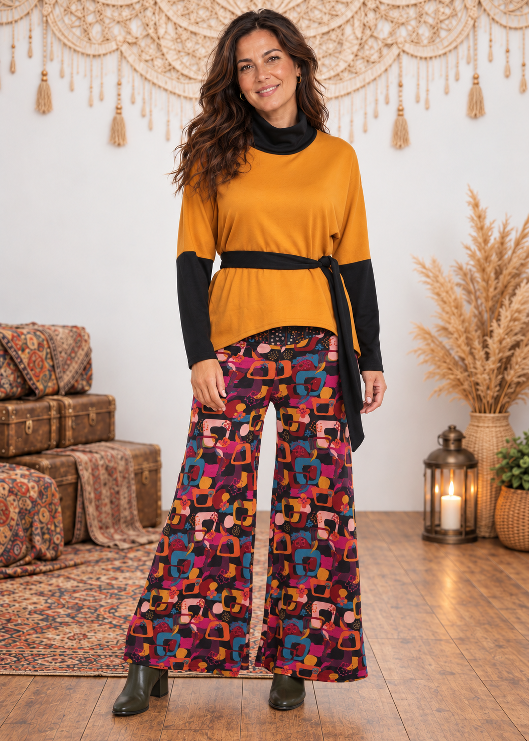 Pantaloni palazzo curvy fantasia Gipsy Leaves - Happy Baba — indossati da Gea, set outlet inverno con parete chiara e macramè