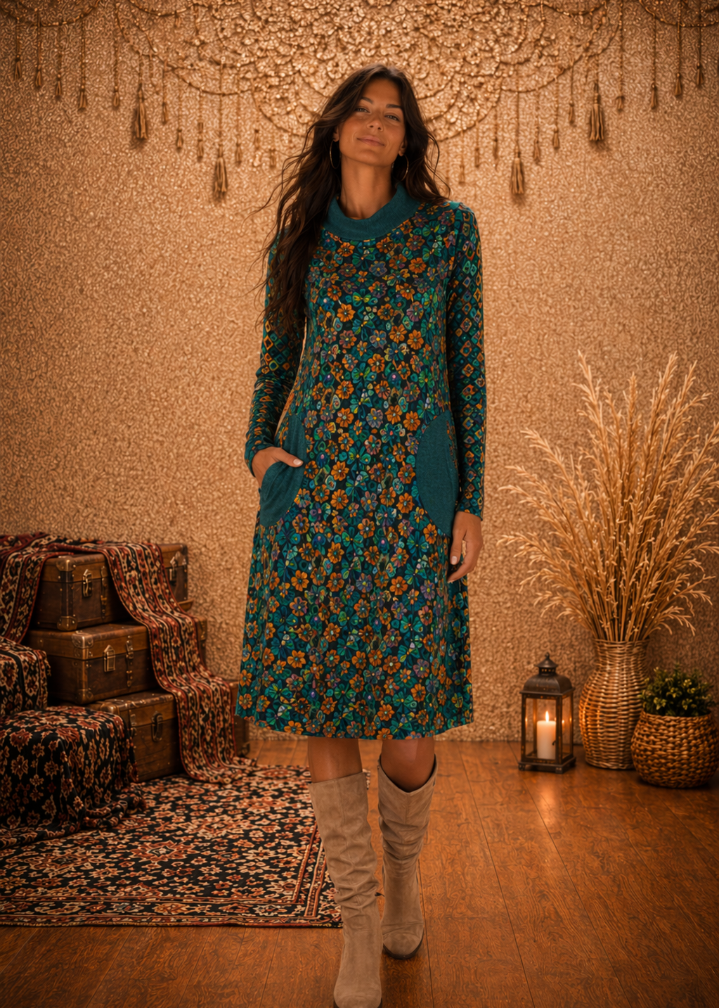 Amsterdam Midi Dress | Floral Pattern Flared Cut Pockets – Baba Design