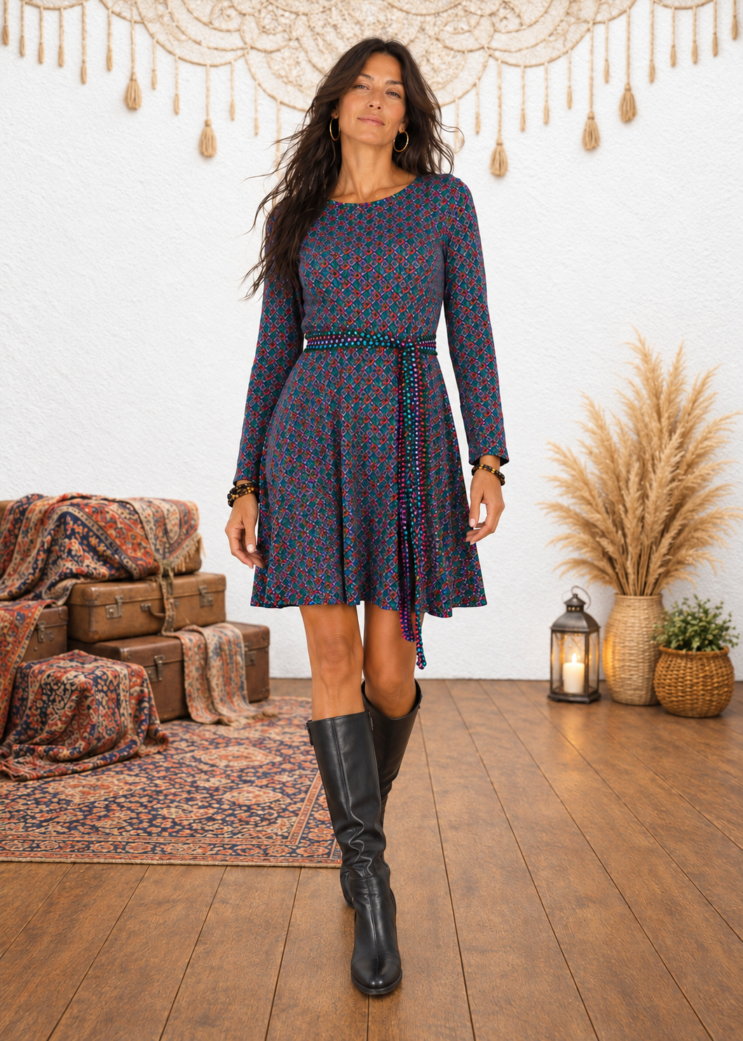 Vienna Short Dress | Geometric Print Long Sleeves Belt – Baba Design