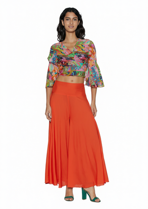 Wrap top and orange skirt front