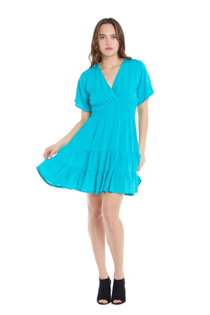 Vestito corto turchese Baba Design – scollo a V incrociato, stile boho, cotone naturale