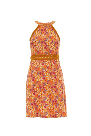 Vestito corto arancione Baba Design – pattern floreale, dettaglio orli con passamaneria, stile boho