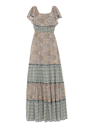 Vestito lungo Majolica Tree Baba Design colore Azzurro – stile boho gipsy con balze, scollo a barca – Gipsy Fashion Wear