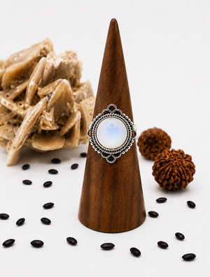 nello Barbablù in argento decorato con pietra di luna rotonda dai riflessi azzurri.
