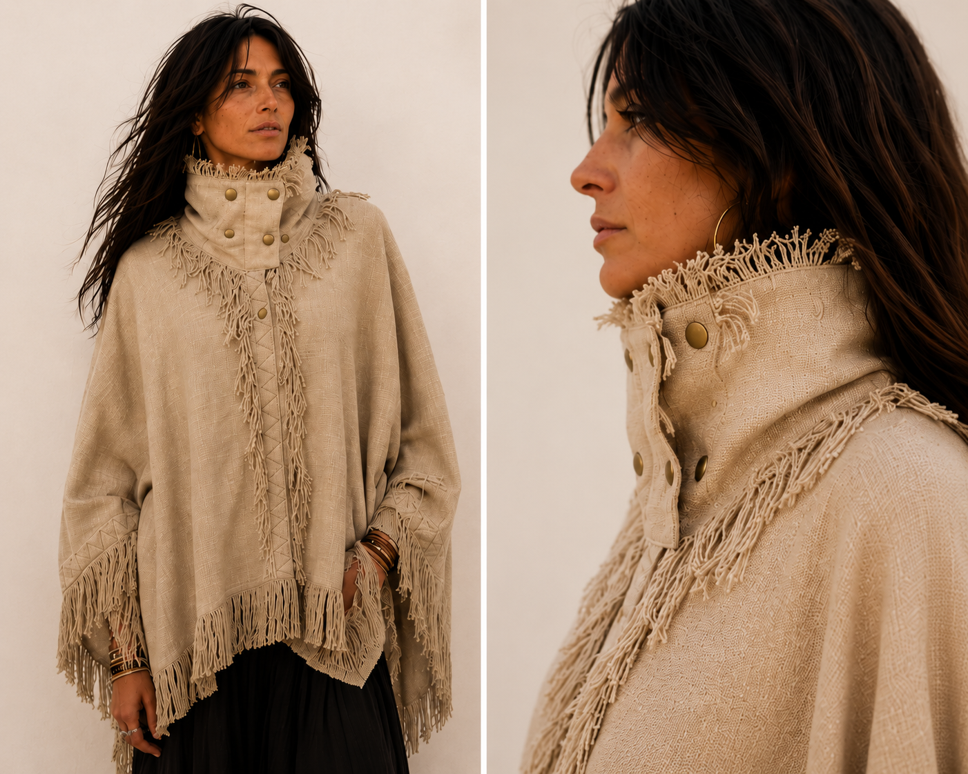Collage di donna con poncho beige in tessuto grezzo, collo alto con bottoni e bordi sfrangiati