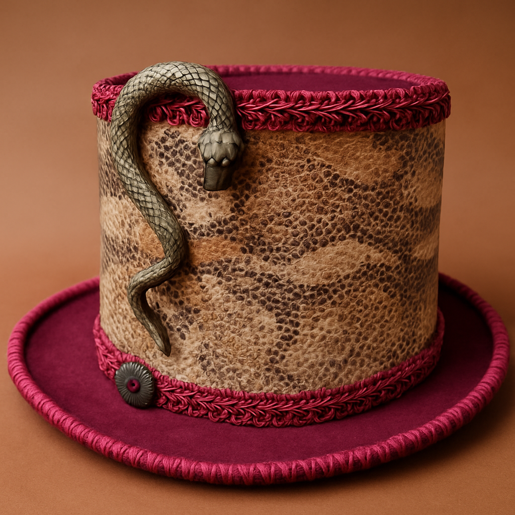 Cappello a cilindro bordeaux con fascia effetto pelle di serpente e grande serpente metallico decorativo
