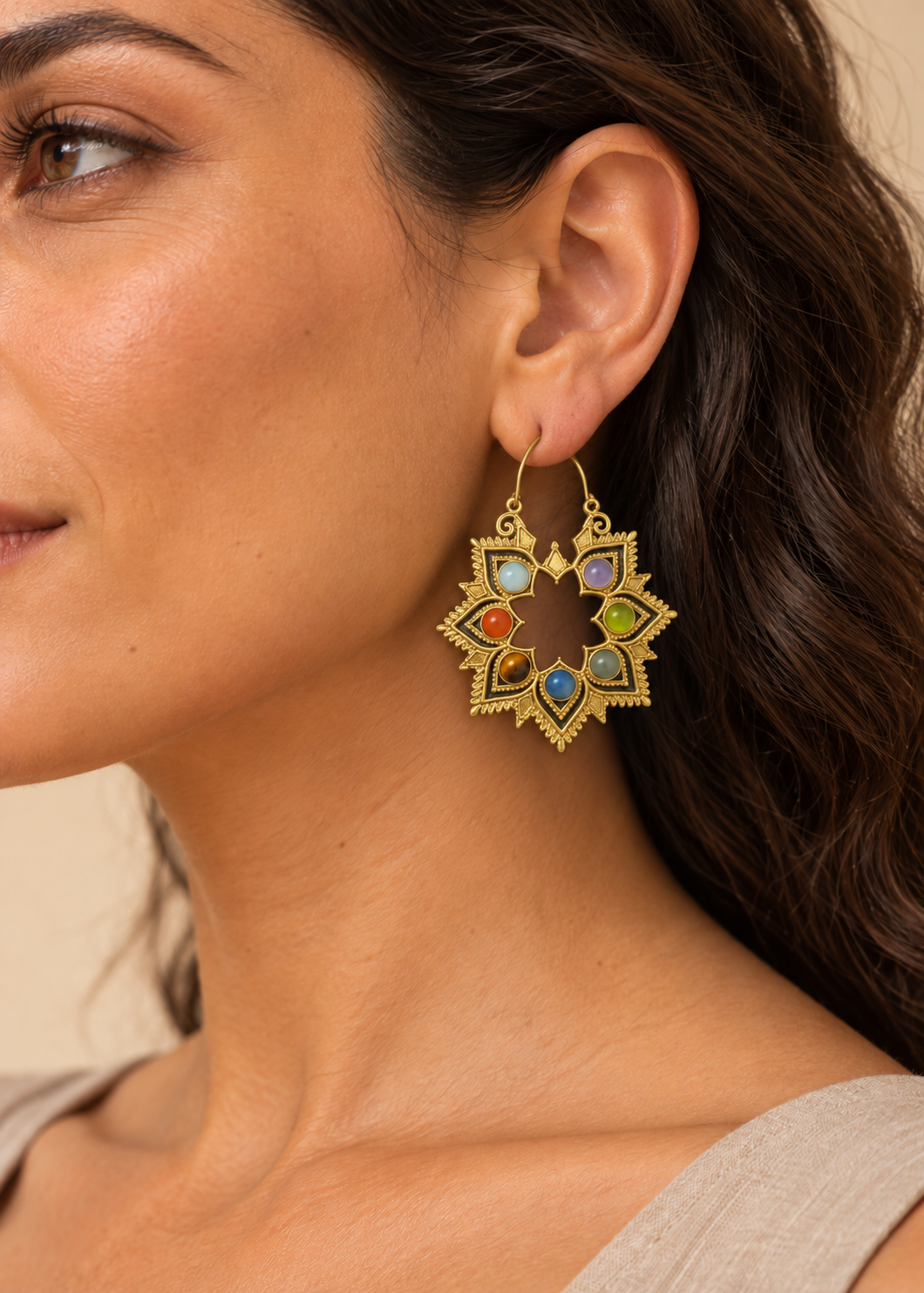 Fiore dei Chakra - Orecchini Ottone Mandala 7 Pietre Naturali Boho