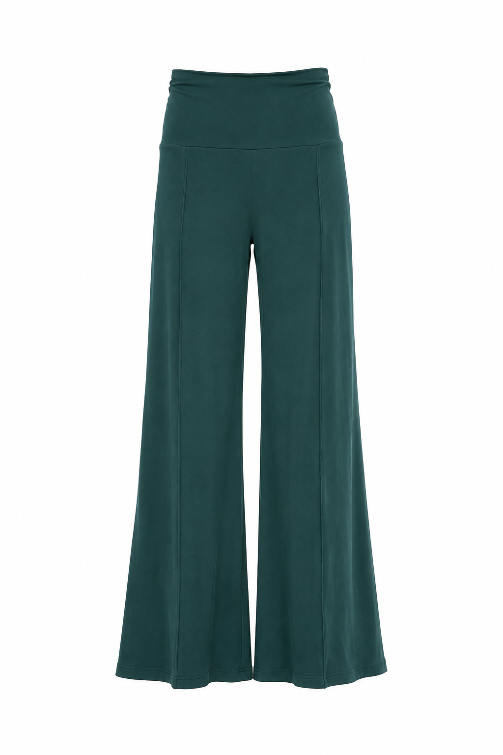 Pantalone palazzo verde petrolio a vita alta, con fascia morbida e gamba ampia