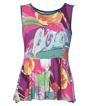 Top smanicato svasato con stampa astratta rosa, viola, verde e arancione su sfondo chiaro