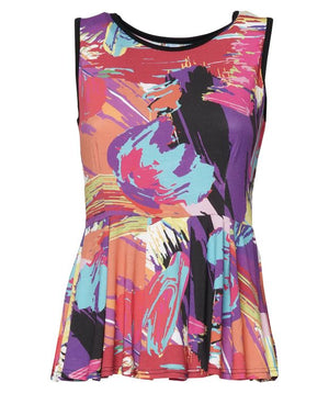 Top smanicato svasato con stampa astratta multicolore nei toni del corallo, viola, turchese e nero