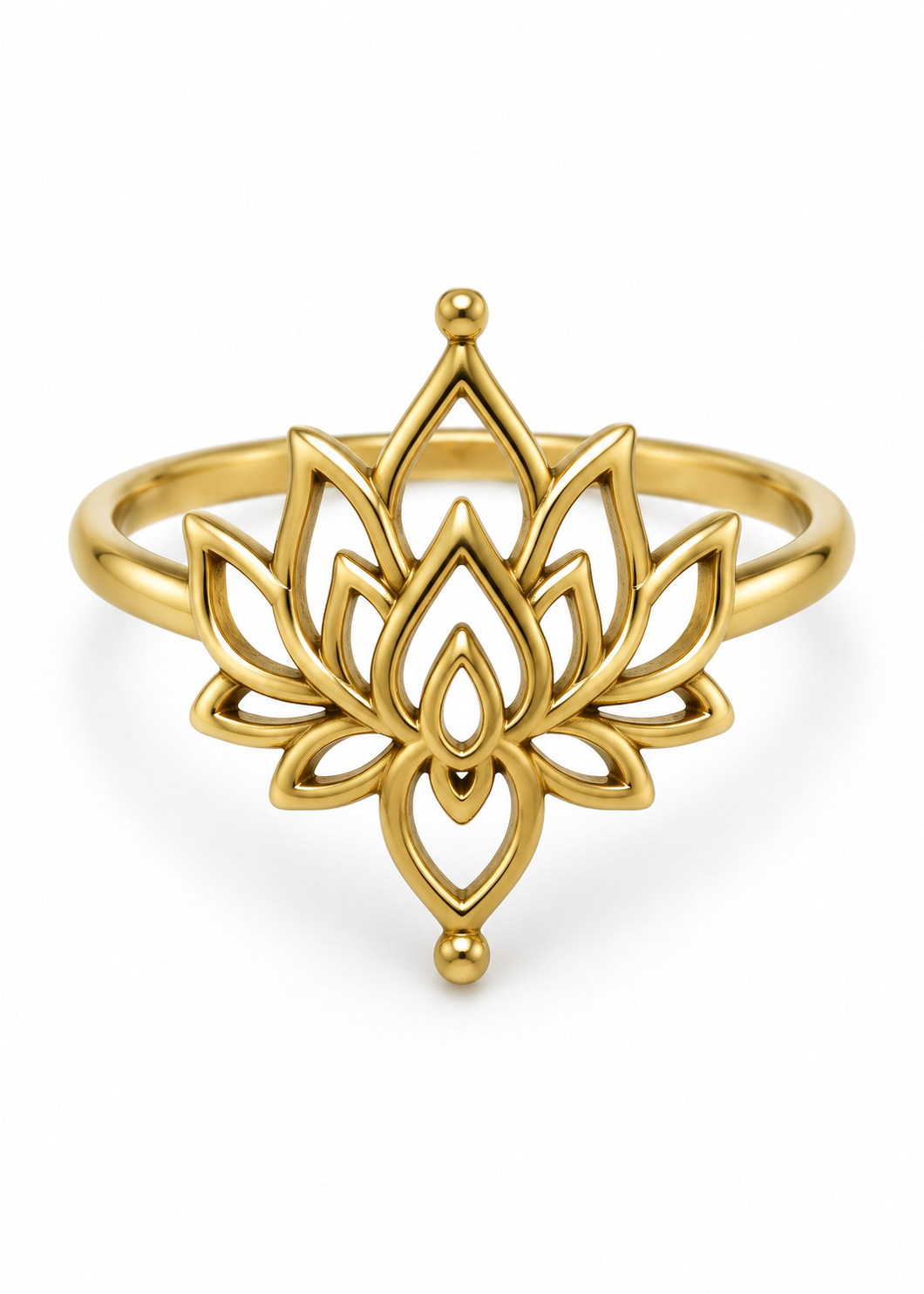 Anello Fiore di Loto in ottone su fondo bianco, petali traforati e fascia