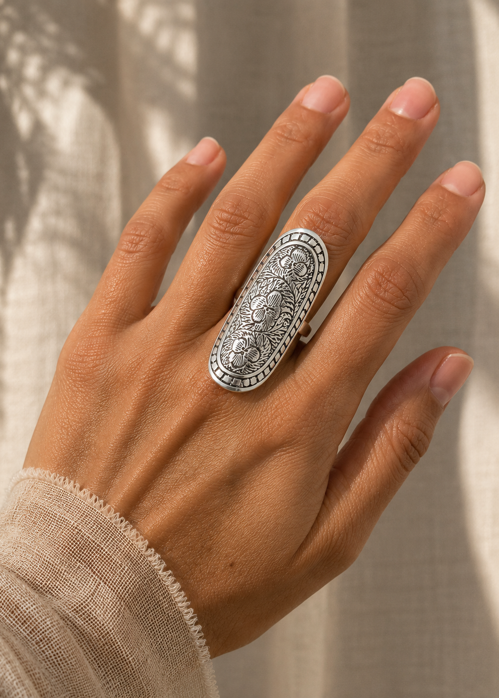 Queen of the Desert - Adjustable Tribal Long Silver Ring