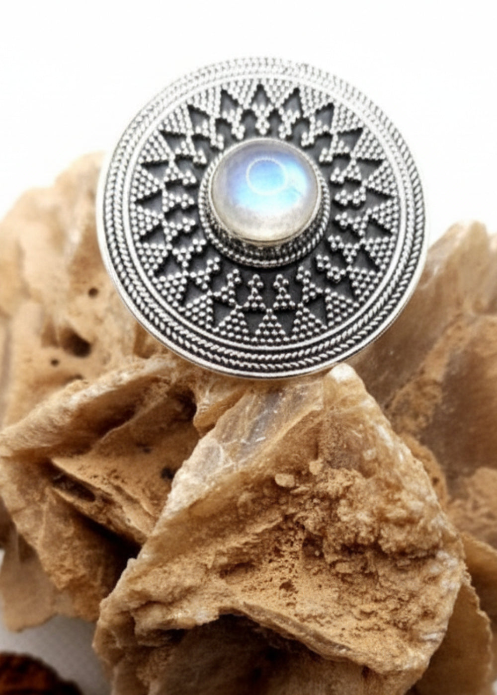 Moon Power - Silver Ring with Moonstone and Tribal Inlays