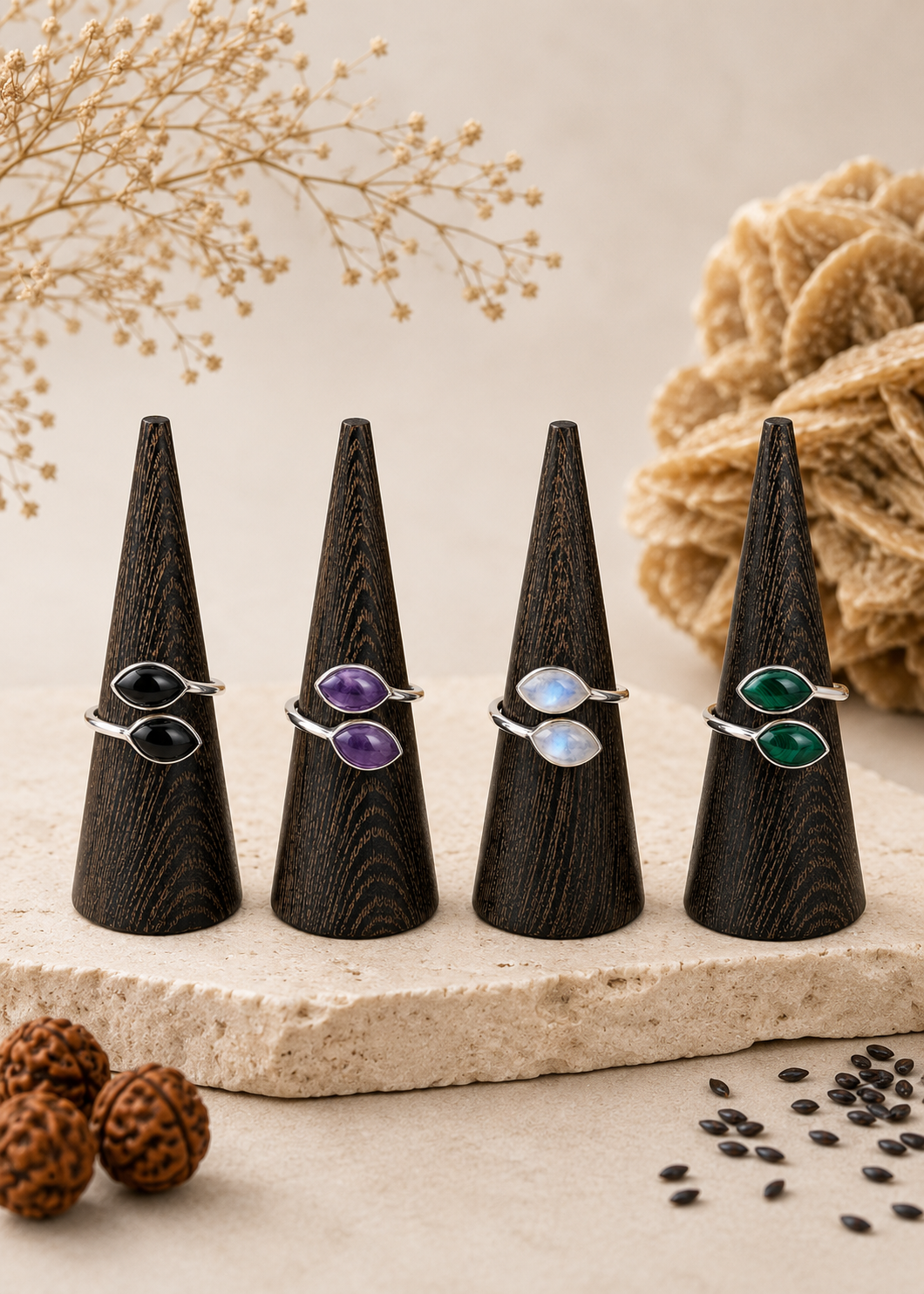Twin Drops - Anello Argento 925 con Pietre Naturali a Goccia Regolabile