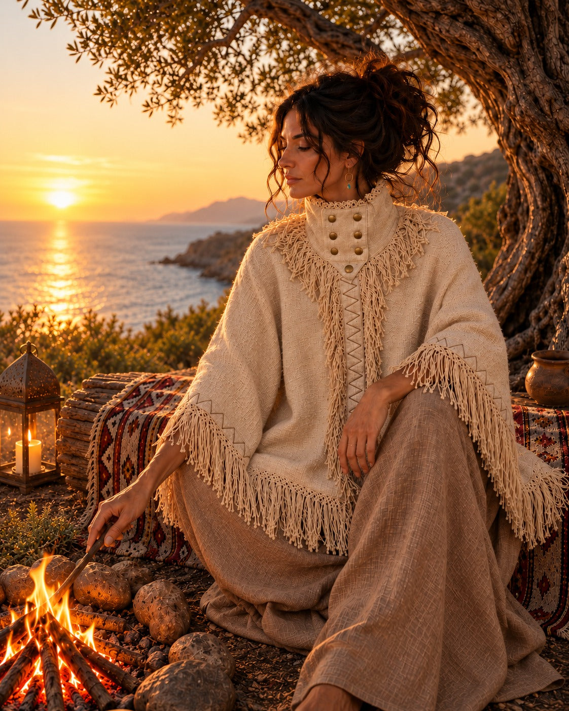 Gea indossa il Fringe Poncho Natural sotto un ulivo al tramonto, con collo alto, sette bottoni e frange — versione verticale