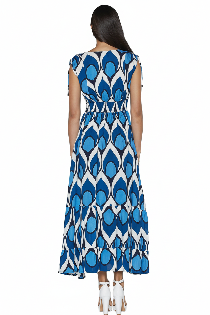 Blue peacock wrap dress back