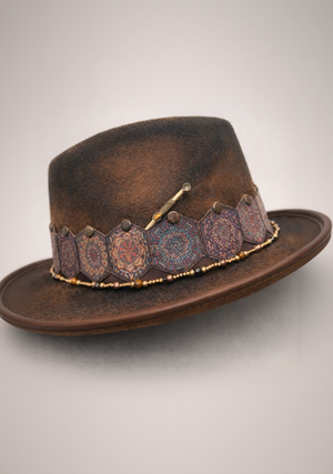 "La Memoria del Fuoco" - Cappello fedora bruciato decorato a mano - Gipsy Fashion Wear 