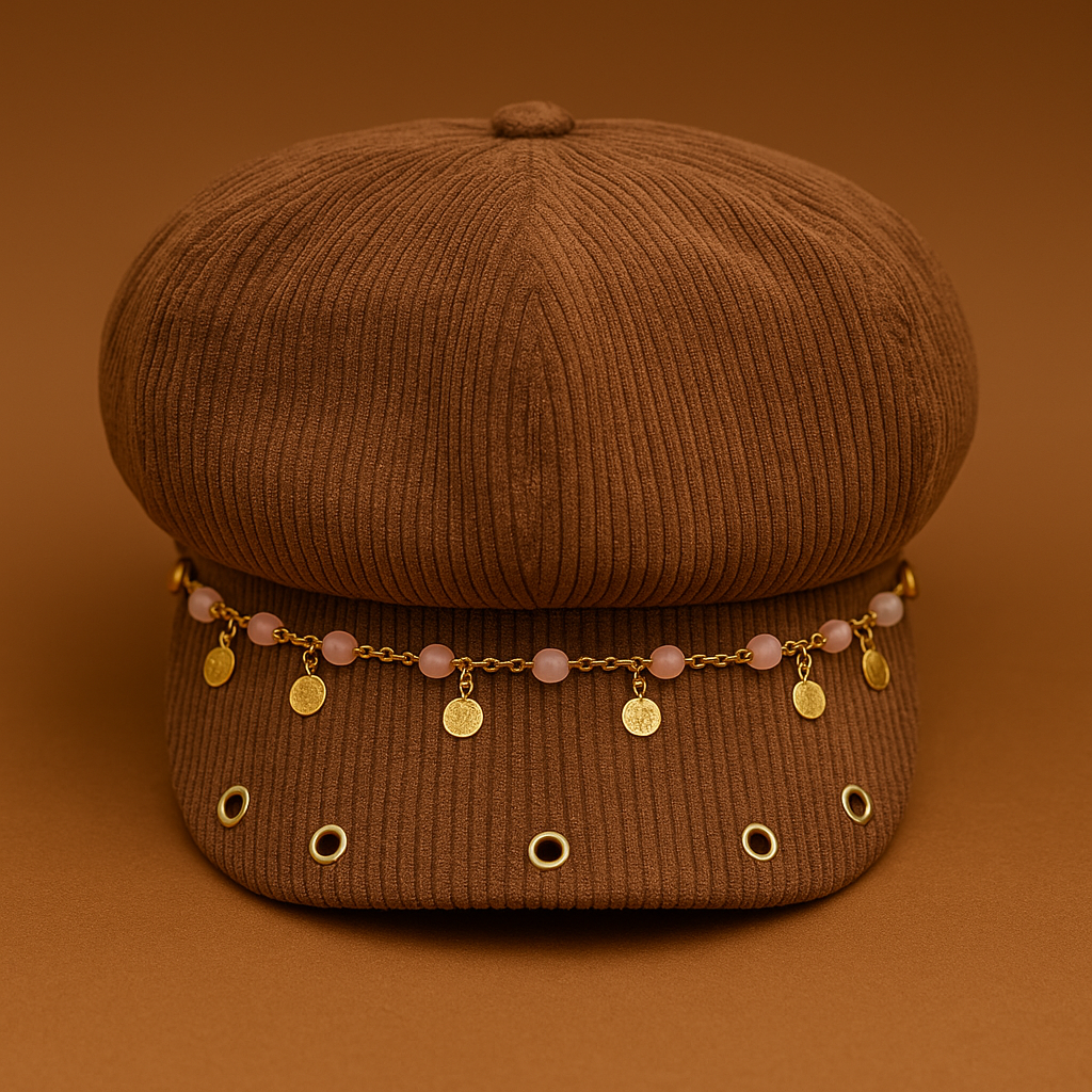 Cappello baker boy marrone con catena dorata, quarzo rosa e piccoli pendenti