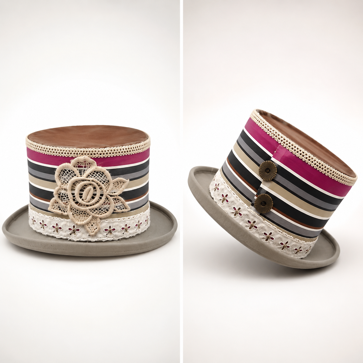 Cappello a cilindro grigio a righe fucsia, nere e beige con fiore in pizzo