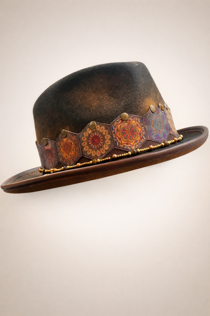 "La Memoria del Fuoco" - Cappello fedora bruciato decorato a mano