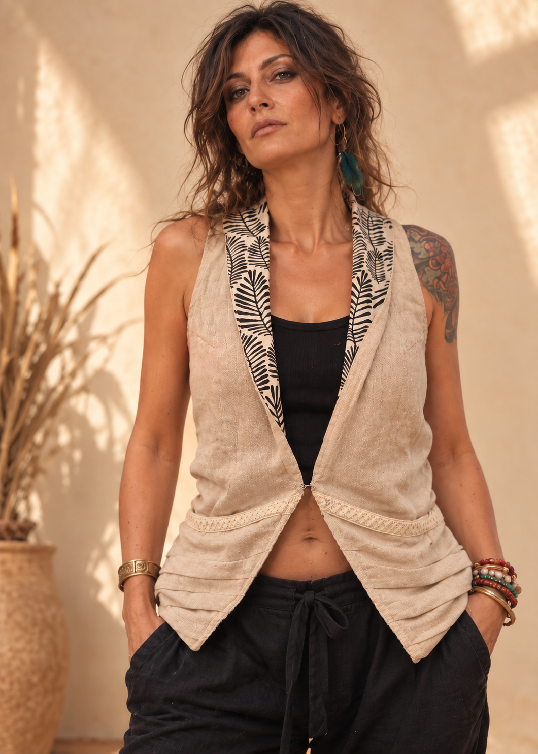 Gilet reversibile in cotone grezzo naturale con fodera fantasia