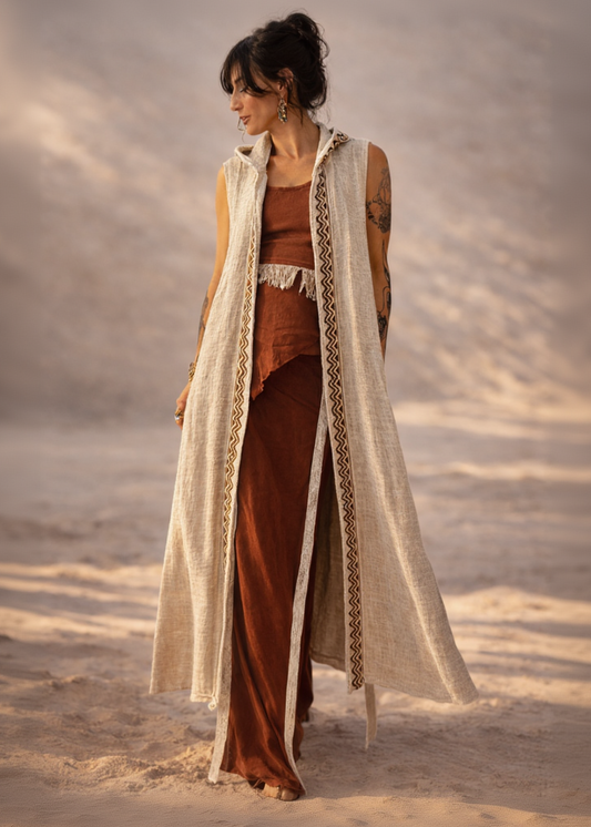 Kimono Lungo con Cappuccio Bouclè - Block Print Artigianale