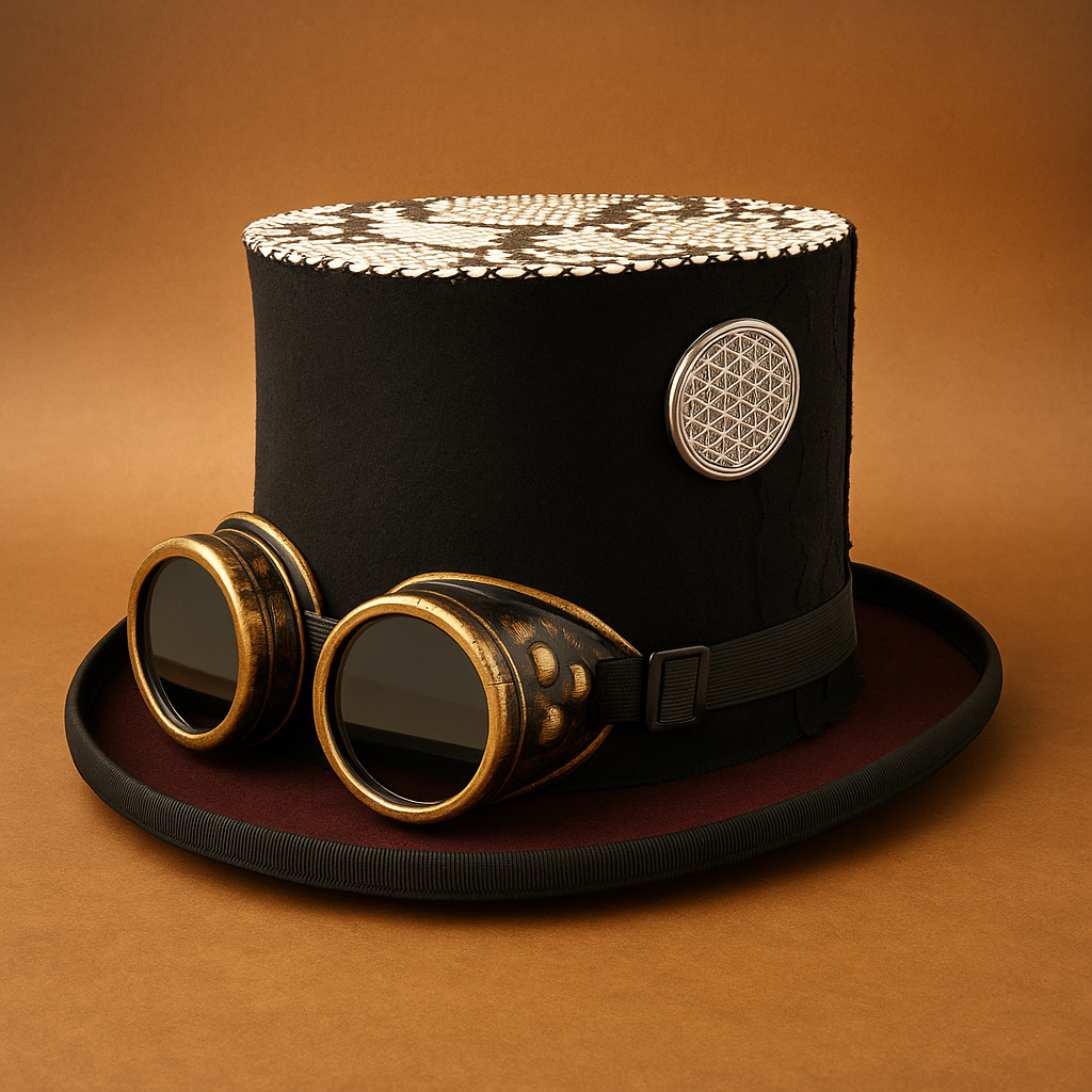 Cappello a cilindro nero con occhiali steampunk in ottone e medaglione geometrico argentato.