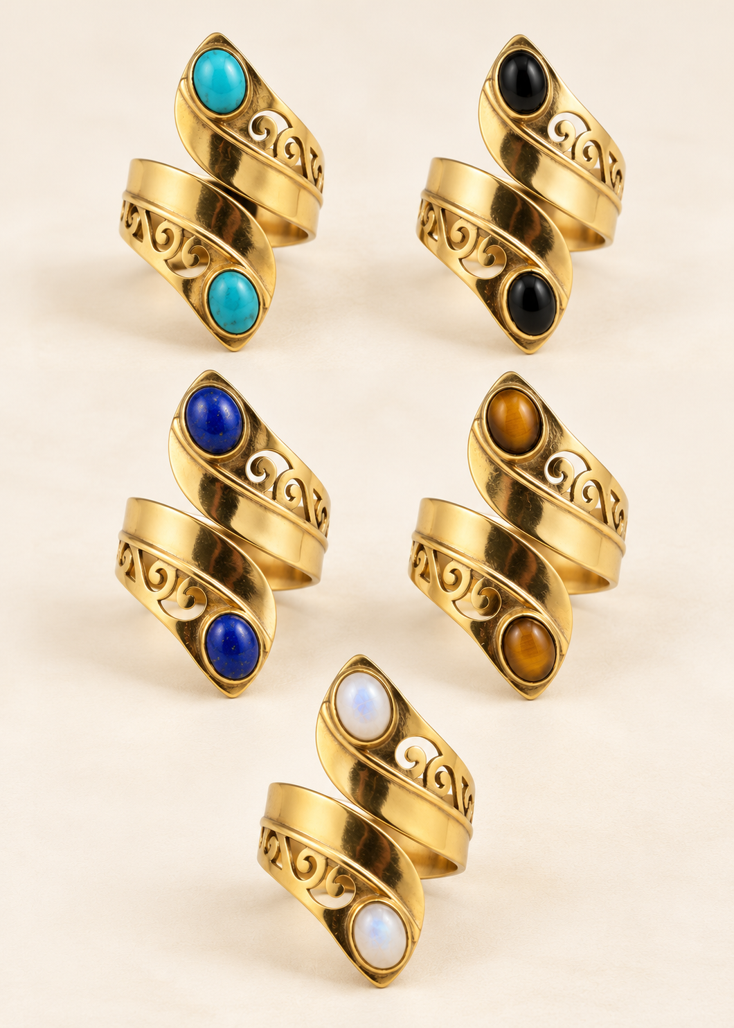 Anello Long Boho in ottone nelle varianti turchese, onice nera, lapislazzuli, occhio di tigre e pietra di luna
