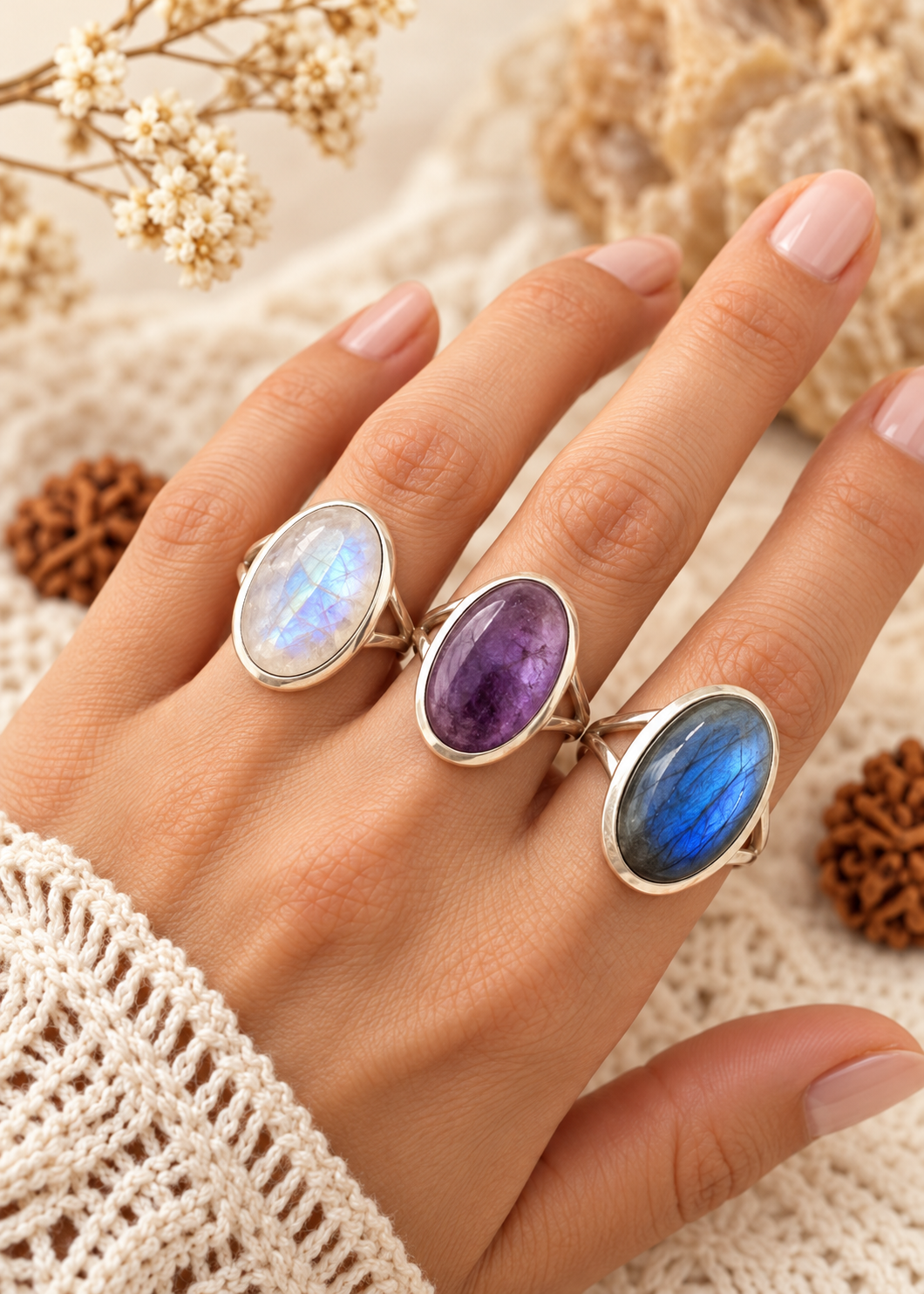 Love Life, tre anelli indossati: pietra di luna, ametista e labradorite
