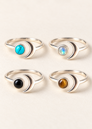 Anello Spicchio di Luna in argento nelle varianti turchese, pietra di luna, onice nera e occhio di tigre