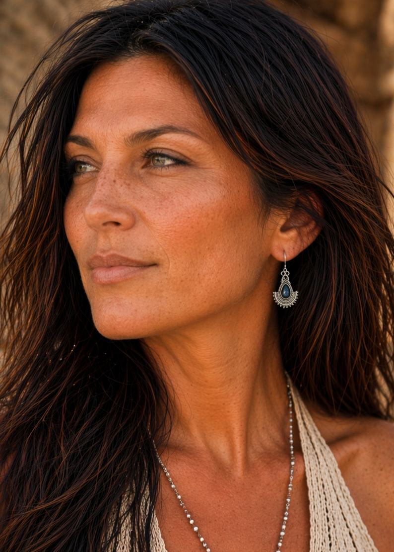 Orecchini Amazone in Argento con Pietra Naturale a Goccia - Design Tribale Artigianale