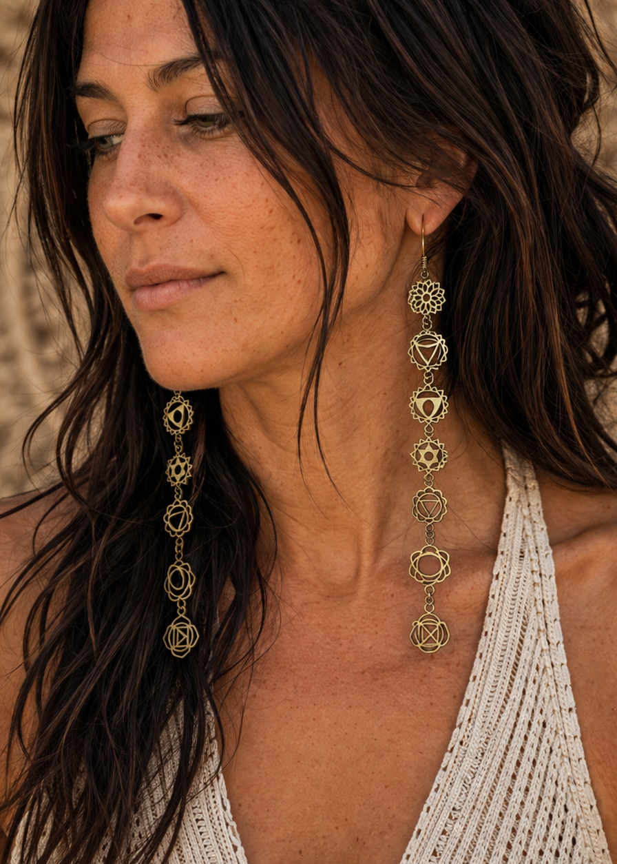 Seven Chakra – Long Brass Earrings with 7 Chakra Symbols | Boho Spiritual