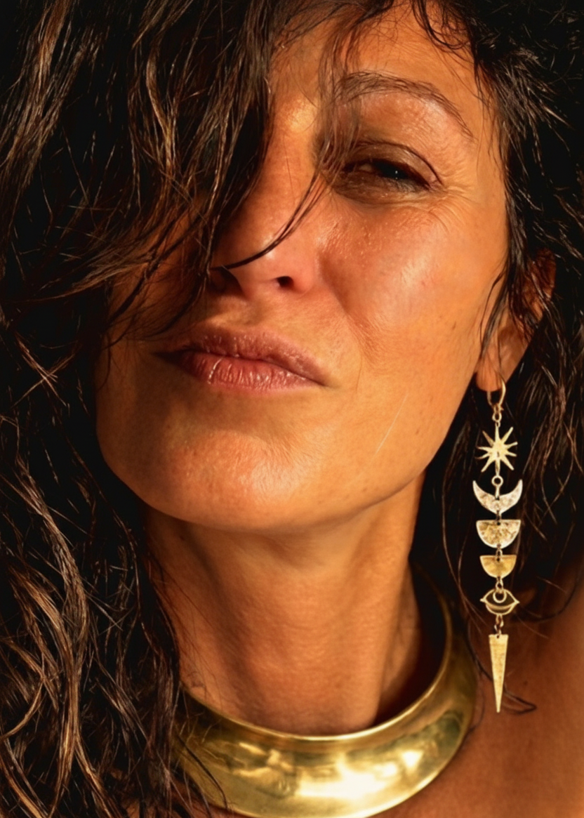 Boho Moon & Sun Dangle Earrings in Brass